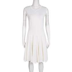 Pre Owned Alaia White Knit Embroidered Chevron Hem Fit and Flare Dress M