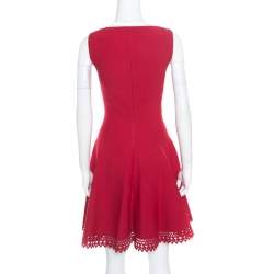 Pre Owned Alaia Ruby Red Stretch Knit Laser Cut Hem Detail Flared Mini Dress M