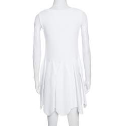 Pre Owned Alaia White Stretch Knit Pleated Scalloped Hem Detail Dress M
