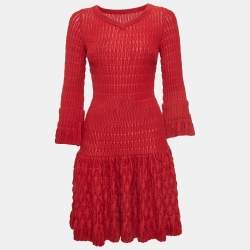 Alaia Red Chenille Wool Patterned Long Sleeve Skater Dress M