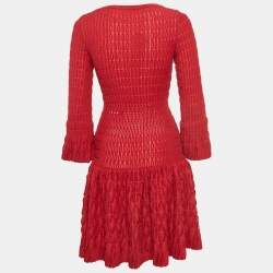Alaia Red Chenille Wool Patterned Long Sleeve Skater Dress M
