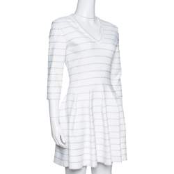 Pre Owned Alaia White & Beige Dotted Knit Fit & Flare Dress M