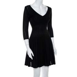 Pre Owned Alaia Black Perforated Rib Knit Fit & Flare Dress M