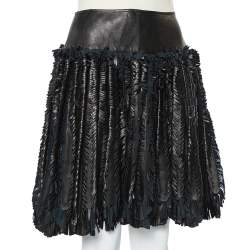 Pre Owned Alaia Black Leather Fringed Detail Mini Skirt M