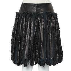 Pre Owned Alaia Black Leather Fringed Detail Mini Skirt M