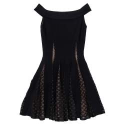 Pre Owned فستان علايا ميني بلا أكتاف قصة دانتيل وتريكو أسود مقاس متوسط