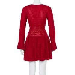 Pre Owned Alaia Red Chenille Wool Patterned Long Sleeve Skater Dress M