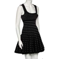 Pre Owned Alaia Black Wool Dobby Dotted Sleeveless Flared Dress M