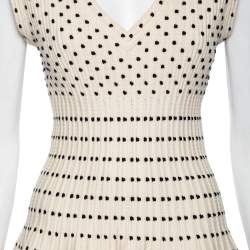 Pre Owned Alaia Monochrome Wool Dobby Dotted Sleeveless Flared Dress M