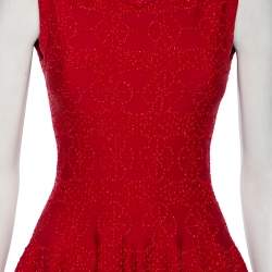 Pre Owned Alaia Red Lurex Jacquard Sleeveless Flared Dress M