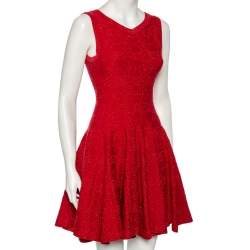 Pre Owned Alaia Red Lurex Jacquard Sleeveless Flared Dress M
