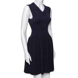 Alaia Navy Blue Patterned Stretch Knit Sleeveless Flared Dress S