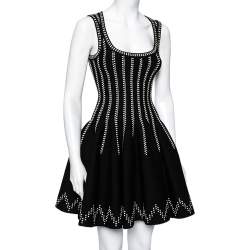 Pre Owned Alaia Black Wool Dobby Dotted Sleeveless Flared Dress S