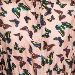 Pre Owned Alaia Beige Butterfly Printed Silk Cinched Waist Dress M 