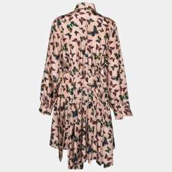 Pre Owned Alaia Beige Butterfly Printed Silk Cinched Waist Dress M 