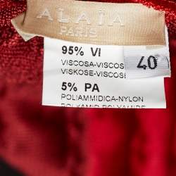 Pre Owned Alaia Red Textured Knit Pleated Fit & Flare Dress M