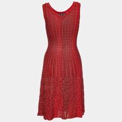 Pre Owned Alaia Red Textured Knit Pleated Fit & Flare Dress M