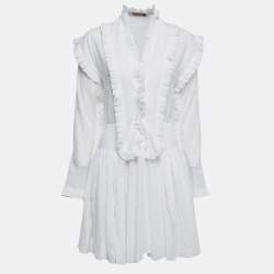 Alaia White Dotted Cotton Long Sleeve Ruffled Mini Dress M