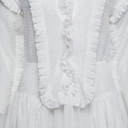 Alaia White Dotted Cotton Long Sleeve Ruffled Mini Dress M