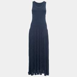 Pre Owned Alaia Navy Blue Patterned Knit Sleeveless Maxi Dress L