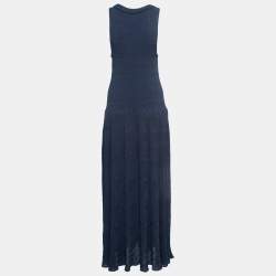 Pre Owned Alaia Navy Blue Patterned Knit Sleeveless Maxi Dress L