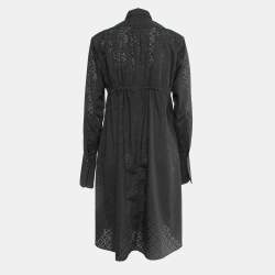 Alaia Black Perforated Cotton Blend Button Front Midi Shirt Dress S  
