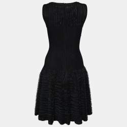 Pre Owned Alaia Black Wool Knit Tulle Detail Sleeveless Midi Dress M
