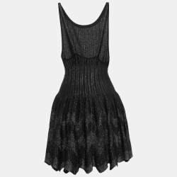 Pre Owned Alaia Black/Metallic Striped Lurex Knit Skater Mini Dress M