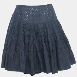 Pre Owned Alaia Navy Blue Eyelet Cotton Flared Mini Skirt M