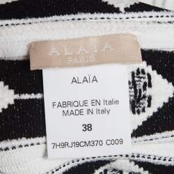 Pre Owned Alaia White/ Black Intarsia Stretch Knit Flared Midi Dress M