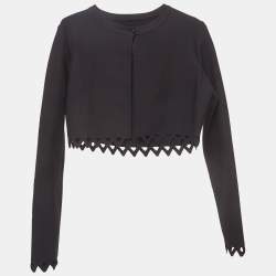 Alaia Black Knit Scallop Cut-Out Hem Cropped Cardigan L