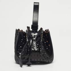 Pre Owned Alaia Black Laser Cut Leather Small Rose Marie Bucket Bag