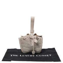 Pre Owned Alaia Grey Leather Rose Marie Embellished Laser Cut Bucket Bag