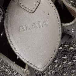 Pre Owned Alaia Grey Leather Rose Marie Embellished Laser Cut Bucket Bag