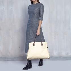 Pre Owned Alaia Off White/Brown Canvas and Croc Embossed Leather Satchel