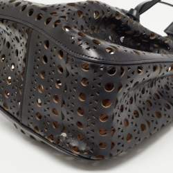 Pre Owned Alaia Black Laser Cut Leather Small Rose Marie Bucket Bag