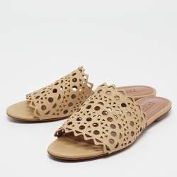 Pre Owned Alaia Beige Cutout Leather Flat Sandals Size 37