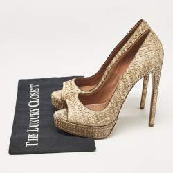 Alaia Beige/Grey Embossed Lizard Laser Cut Peep Toe Platform Pumps Size 38