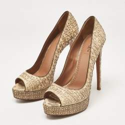 Alaia Beige/Grey Embossed Lizard Laser Cut Peep Toe Platform Pumps Size 38