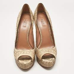 Alaia Beige/Grey Embossed Lizard Laser Cut Peep Toe Platform Pumps Size 38