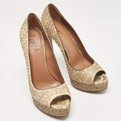 Alaia Beige/Grey Embossed Lizard Laser Cut Peep Toe Platform Pumps Size 38