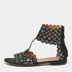 Pre Owned Alaia Black Laser Cut Suede Crystal Embellished Flat Sandals Size 40