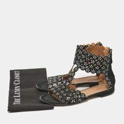 Pre Owned Alaia Black Laser Cut Suede Crystal Embellished Flat Sandals Size 40