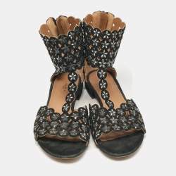 Pre Owned Alaia Black Laser Cut Suede Crystal Embellished Flat Sandals Size 40