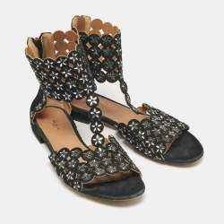 Pre Owned Alaia Black Laser Cut Suede Crystal Embellished Flat Sandals Size 40