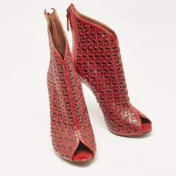Alaia Red Laser Cut Python Peep Toe Booties Size 40