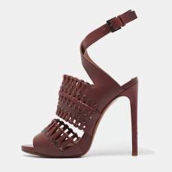 Alaia Burgundy Leather Studded and Laser Cut Ankle Strap Sandals Size 37