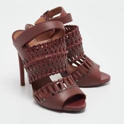 Alaia Burgundy Leather Studded and Laser Cut Ankle Strap Sandals Size 37