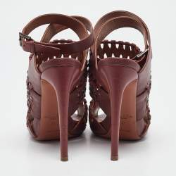 Alaia Burgundy Leather Studded and Laser Cut Ankle Strap Sandals Size 37