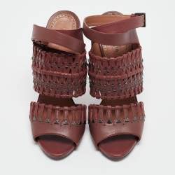 Alaia Burgundy Leather Studded and Laser Cut Ankle Strap Sandals Size 37